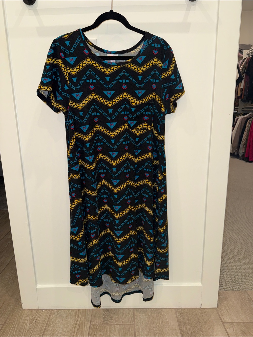 LuLaRoe Black Dress with Yellow & Teal Geometric Print